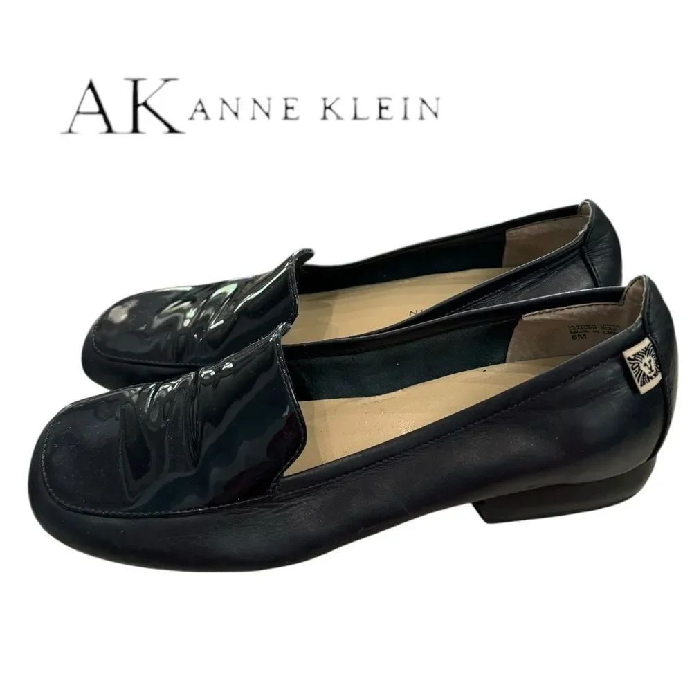 AK Anne Klein Navy Blue Women's Leather Patent Slip-on Loafers Flats 6